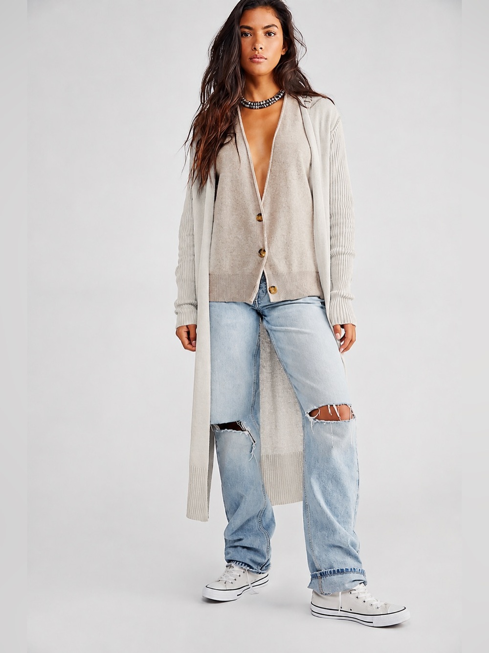 Free People Sz Md Rowan Cardi Long Hooded Cardigan Grey